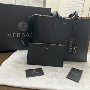 Versace Black Leather Tote with Pouch 💯 Authentic
